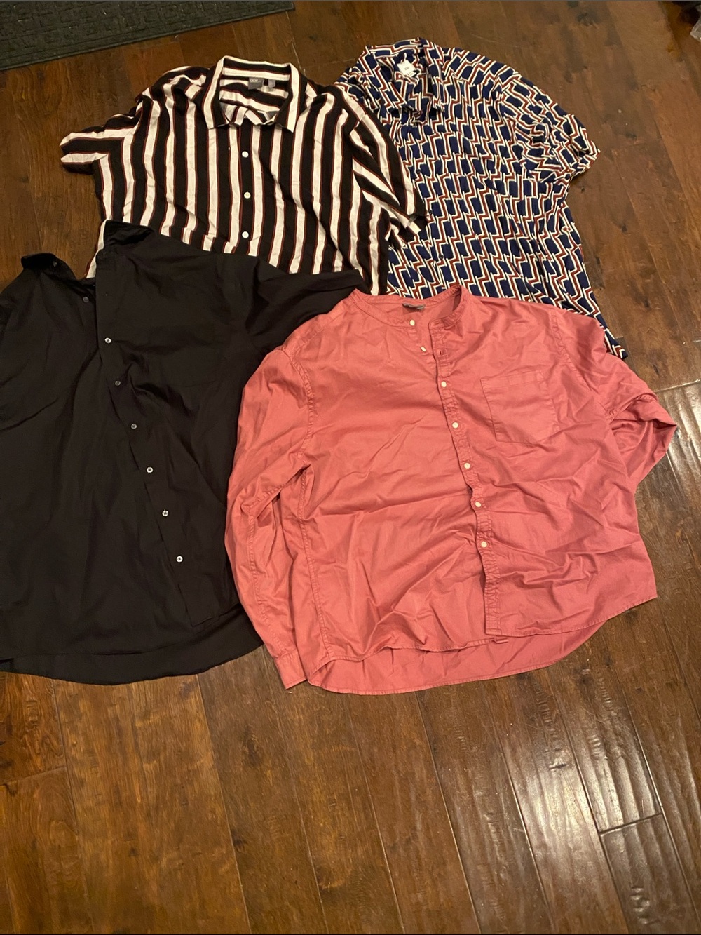 Lot of 4 Men’s Button-Up Tops - Pink, Black, Navy Geo, Black & White Stripe